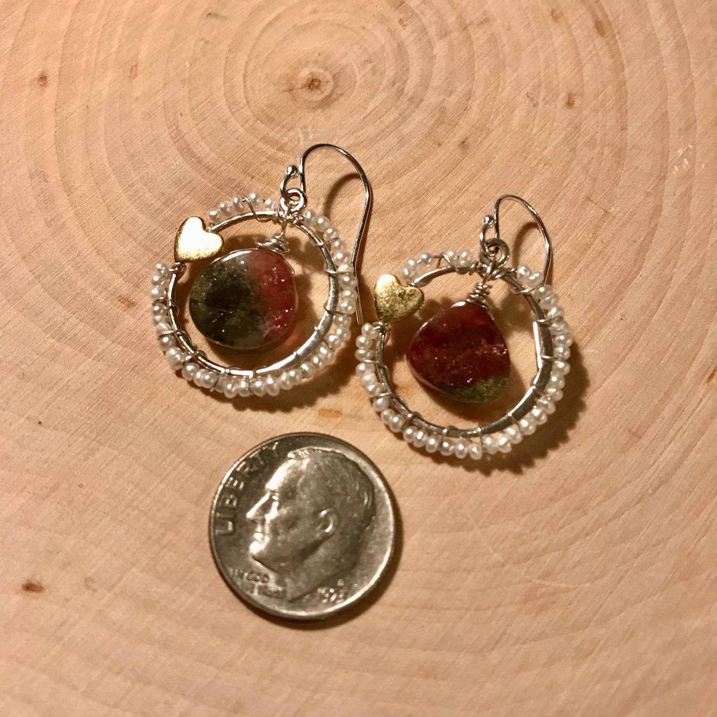 Tourmaline and pearl earrings with sterling silver and gold wash heart