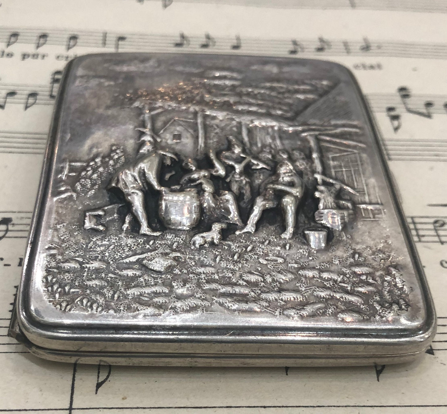 Antique French Art Nouveau Cigarette Case Farm Party Scene c1920