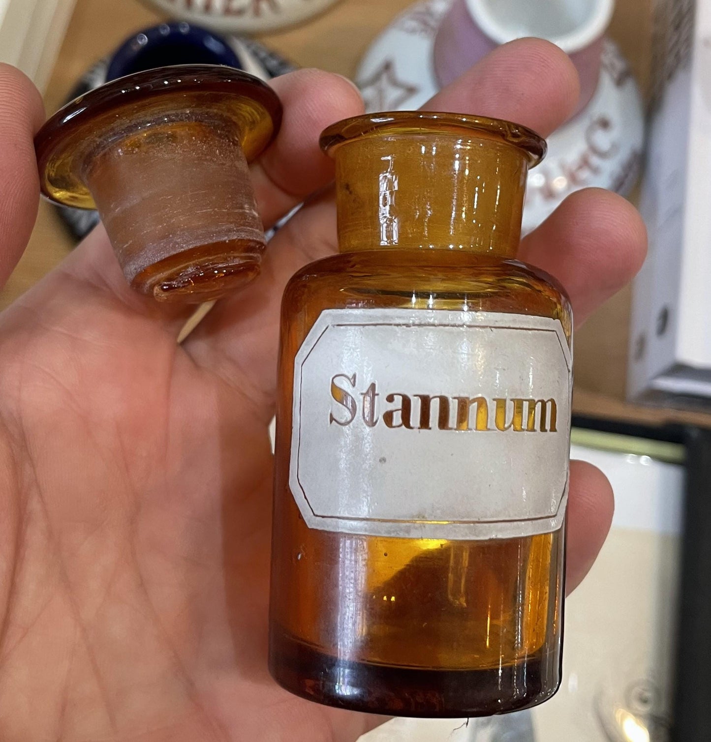 Small Antique French Apothecary Bottle Amber Glass Stannum c1880