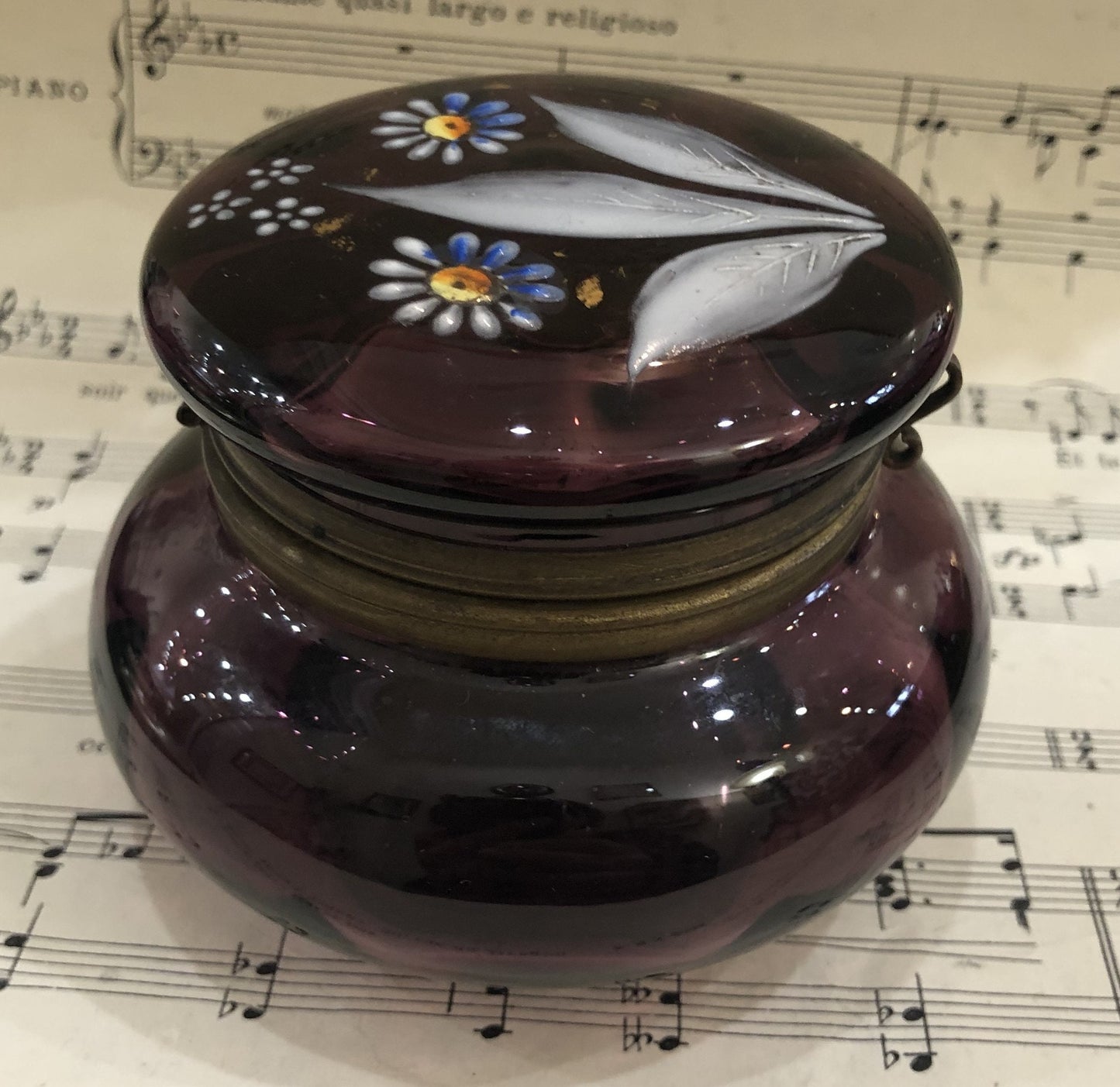 Antique French Gilt Brass Purple Glass Hand Painted Enameled Box Flowers c1900