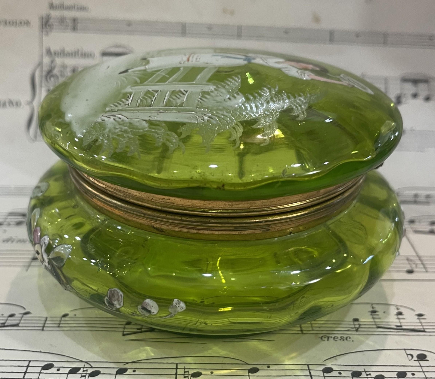 Rare Antique French Gilt Brass Green Glass Hand Painted Enameled Box Mary Gregory c1900