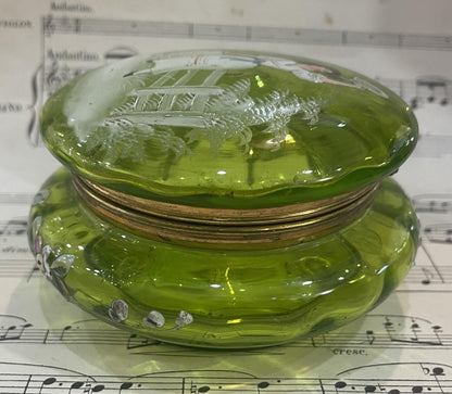 Rare Antique French Gilt Brass Green Glass Hand Painted Enameled Box Mary Gregory c1900