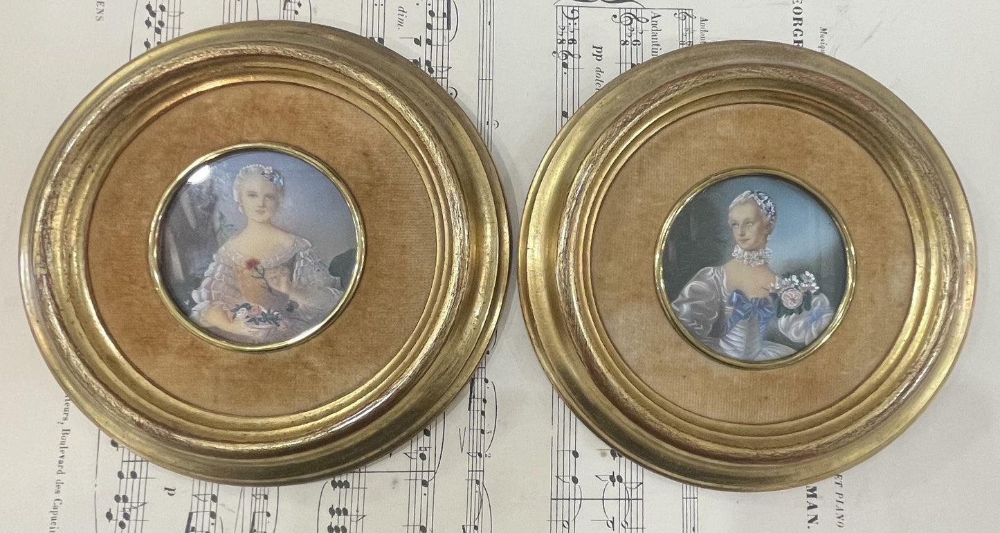 Antique French Miniature Woman Portrait Velvet Glass Flowers c1920