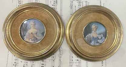 Antique French Miniature Woman Portrait Velvet Glass Flowers c1920