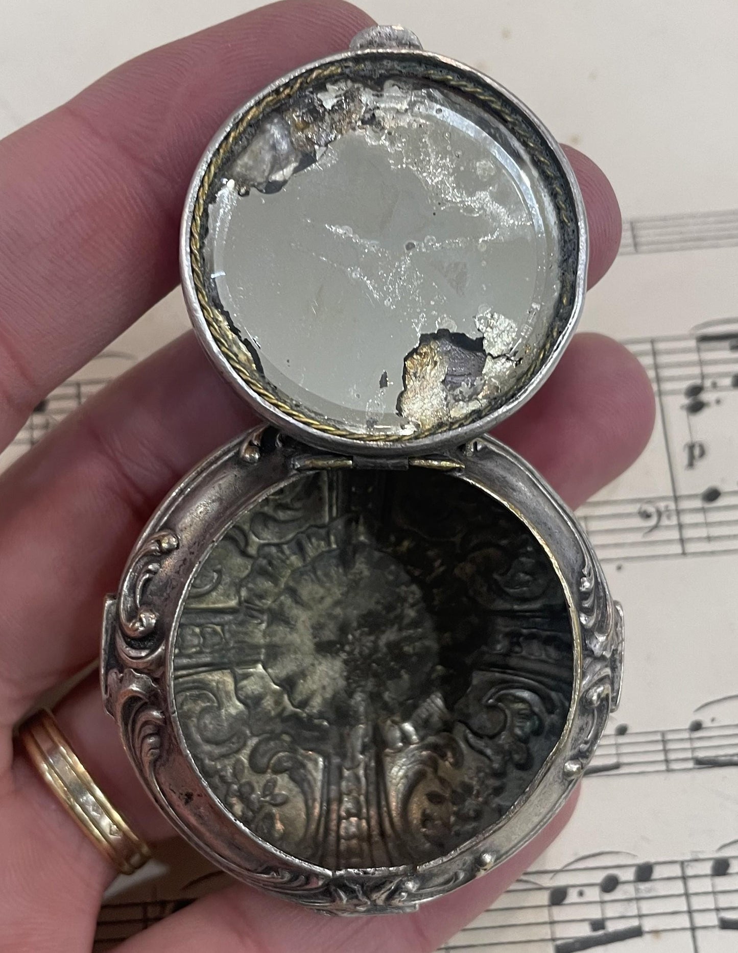 Antique French Pill Box Powder Puff with Mirror Flowers c1900