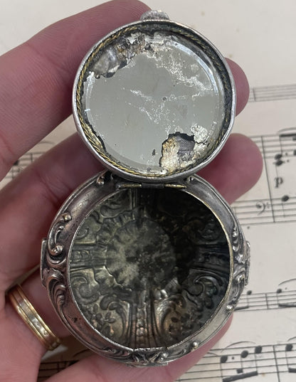 Antique French Pill Box Powder Puff with Mirror Flowers c1900