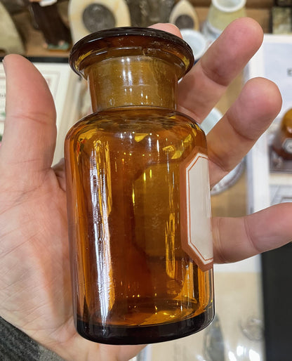 Small Antique French Apothecary Bottle Amber Glass Tartar. Stibiat. c1880