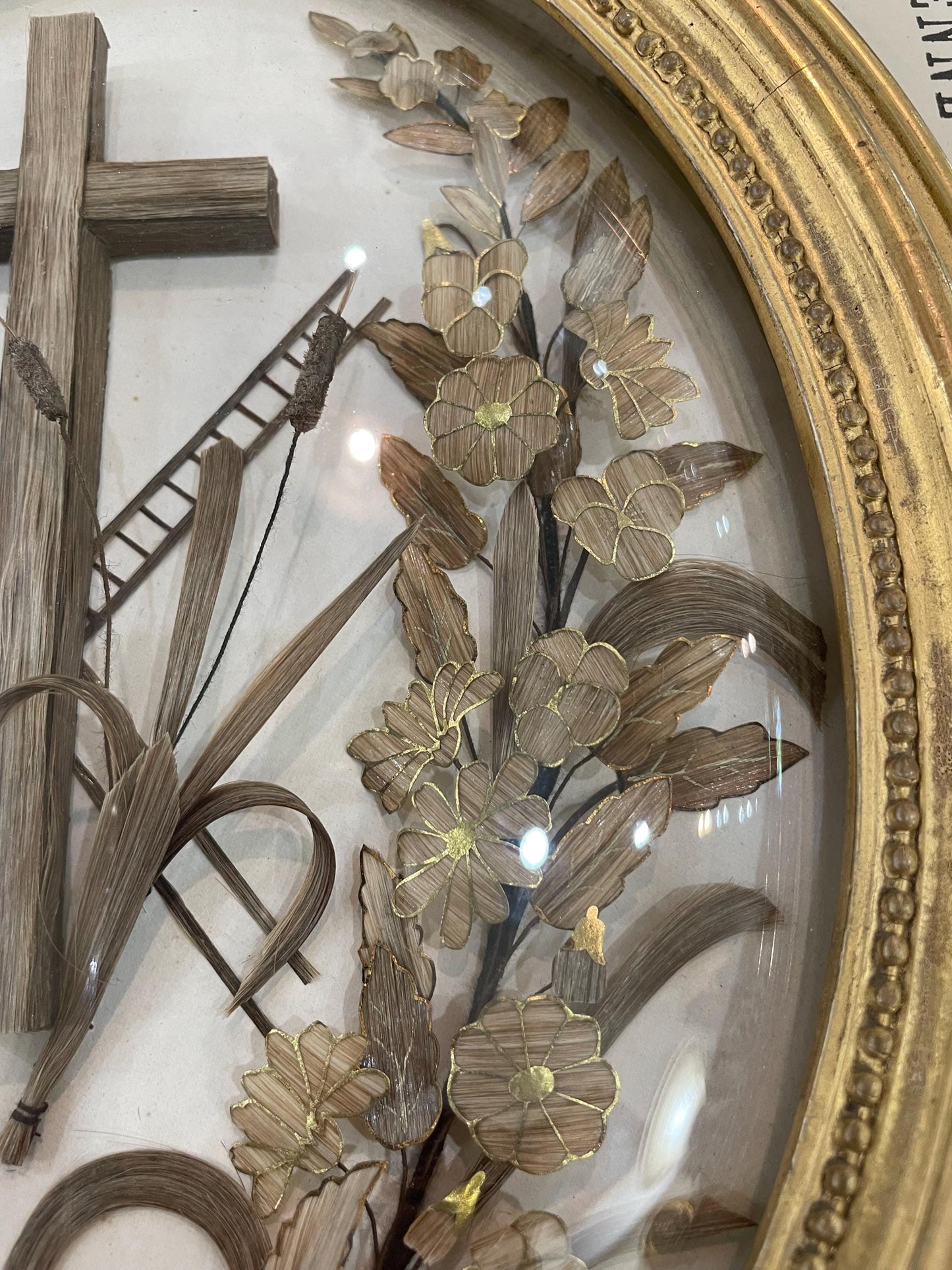 Rare Large Antique French Mourning Hair Art Domed Glass Oval Wooden Frame c1880