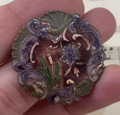 Rare Antique French Art Nouveau Enameled Brooch Flower Cattail c1900