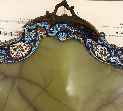 Rare Large Antique French Bronze Champleve Enamel Green Onyx Tray Platter Centerpiece c1880