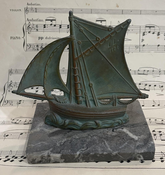 Antique French Boat Sculpture on Marble c1940