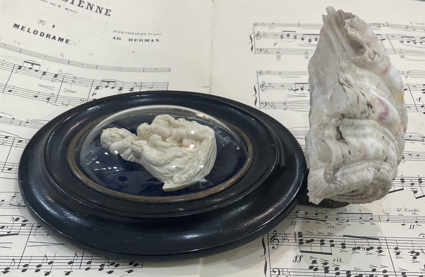 Antique French Carved Plaster Holy Family St John Baptist Domed Glass Holy Water Font c1900