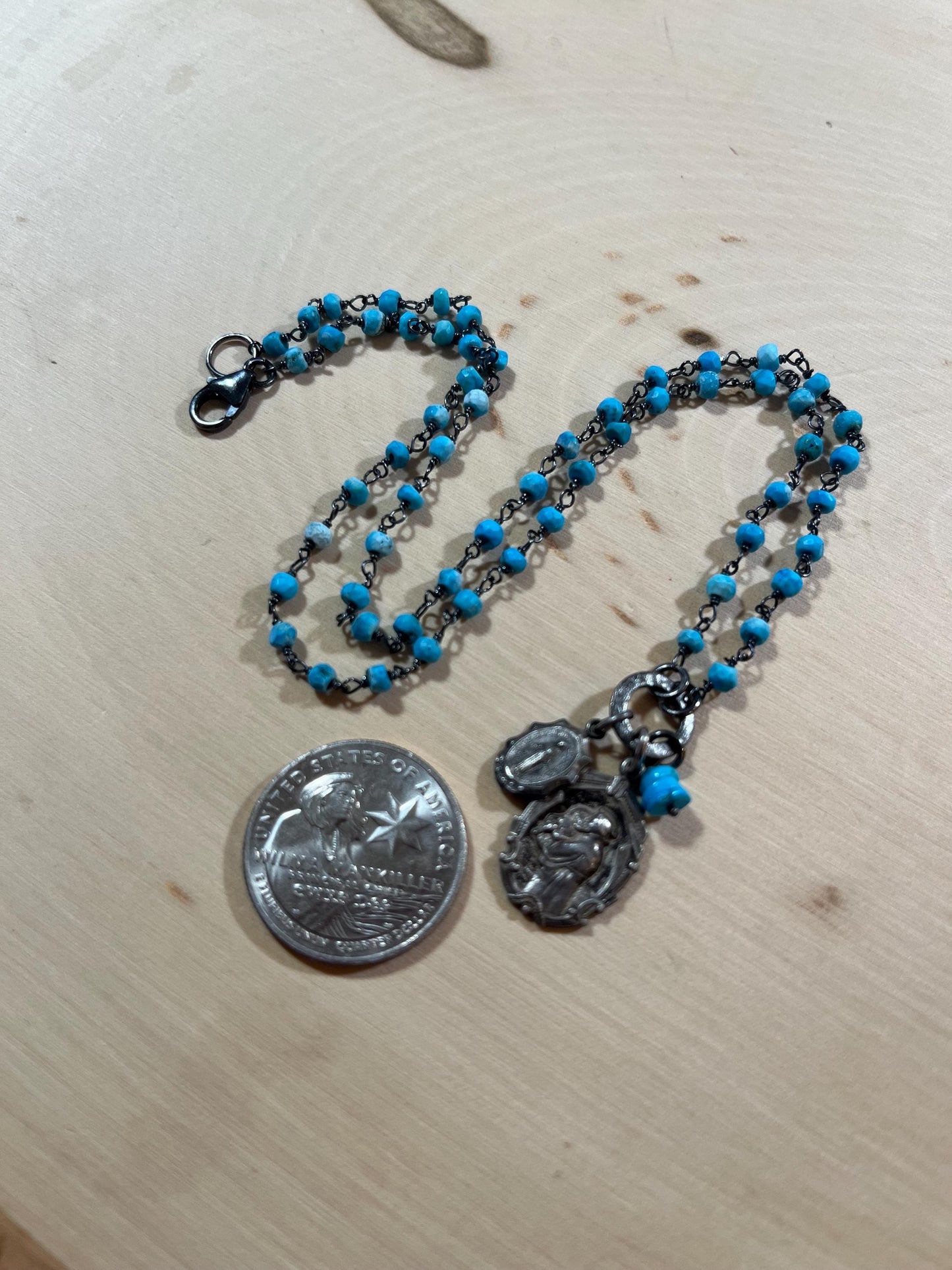 Vintage St Anthony medal and Miraculous Mary necklace with turquoise and sterling silver