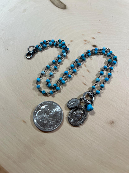Vintage St Anthony medal and Miraculous Mary necklace with turquoise and sterling silver