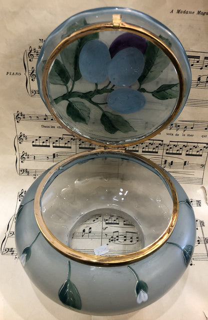 Rare Large Antique French Gilt Brass Glass Hand Painted Enameled Box Fruits Plums c1900