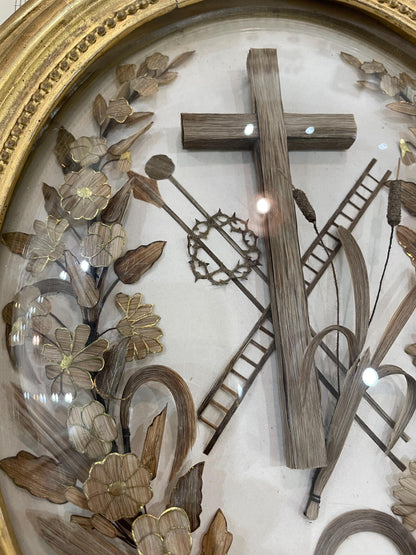 Rare Large Antique French Mourning Hair Art Domed Glass Oval Wooden Frame c1880