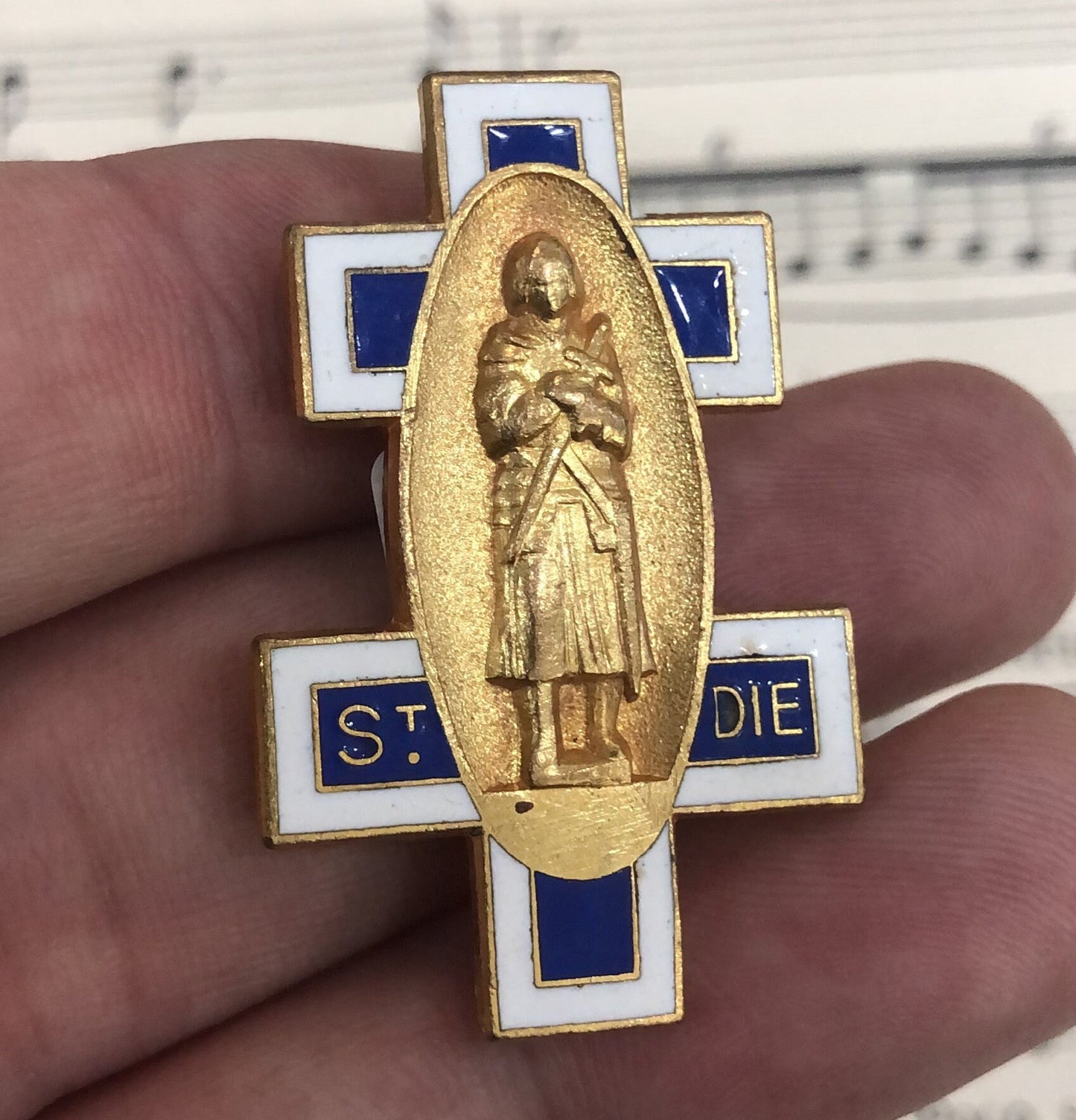 Antique French Enameled Joan of Arc Alsatian Cross Pin / Brooch St Die c1920