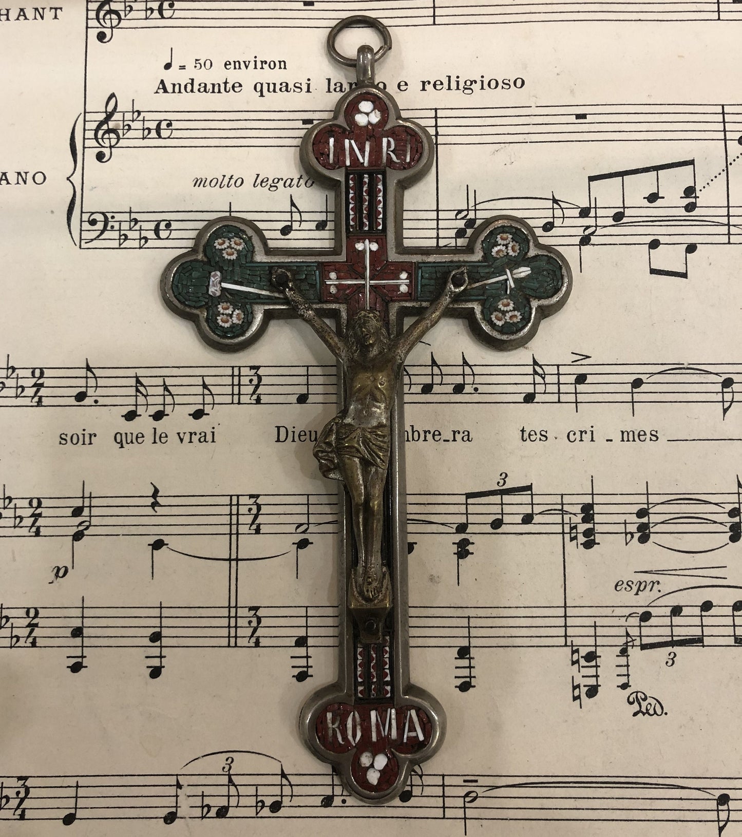 Large Antique Italian Micro Mosaic Micromosaic Cross Crucifix Roma Flowers c1900