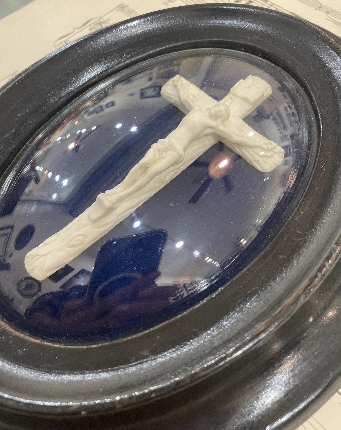 Antique French Carved Plaster Jesus Cross Crucifixion Domed Glass c1900