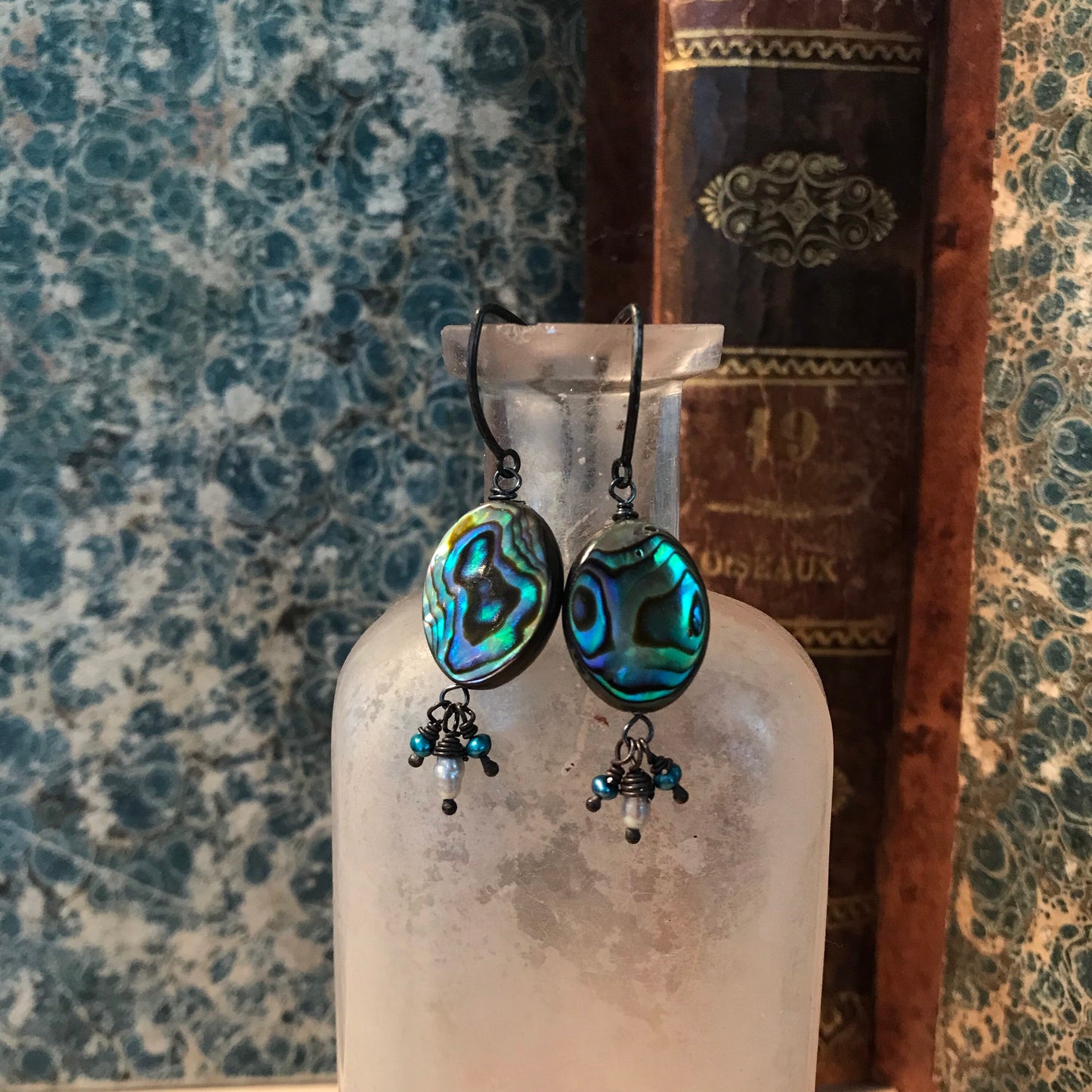 Abalone shell earrings with freshwater pearls and oxidized sterling silver components
