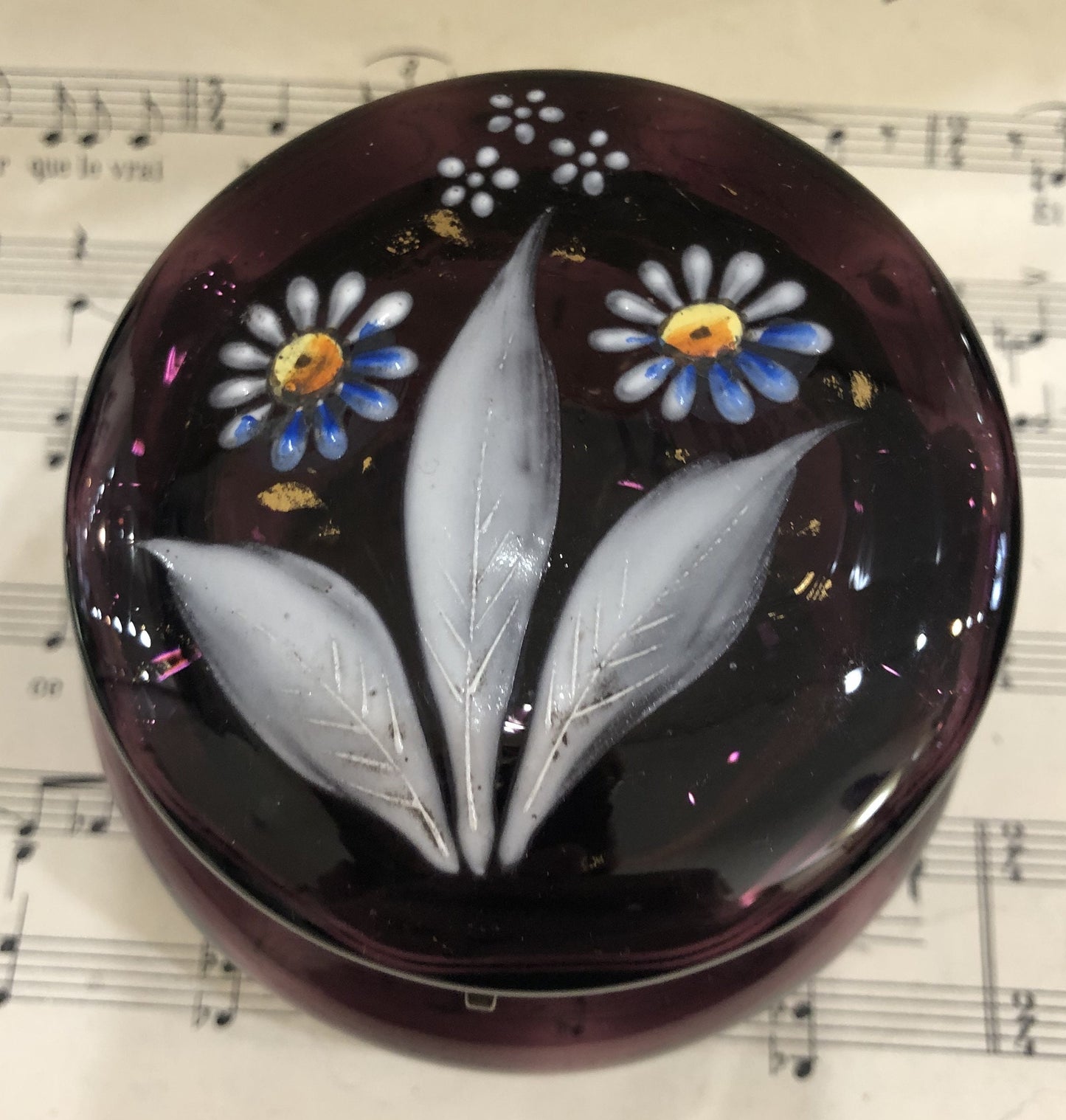 Antique French Gilt Brass Purple Glass Hand Painted Enameled Box Flowers c1900