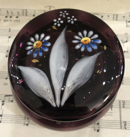 Antique French Gilt Brass Purple Glass Hand Painted Enameled Box Flowers c1900