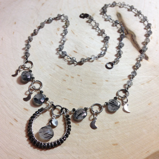 Moonphase wire wrapped necklace with rutilated quartz and sterling silver