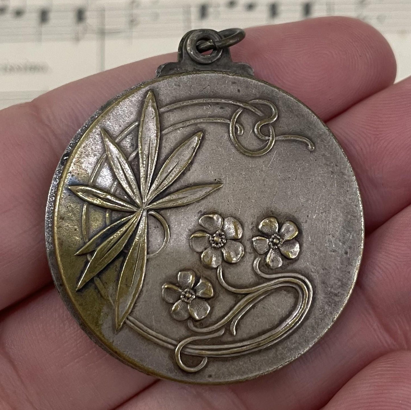 Antique Belgian Art Nouveau Sliding Mirror Pendant Flemish Milk Woman c1920