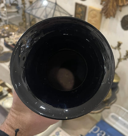 Rare Antique French Black Glass Hand Painted Enameled Vase Mary Gregory c1900