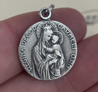 Antique French Art Nouveau Sterling Silver Jesus Sacred Heart Virgin Mary Mount Carmel c1920