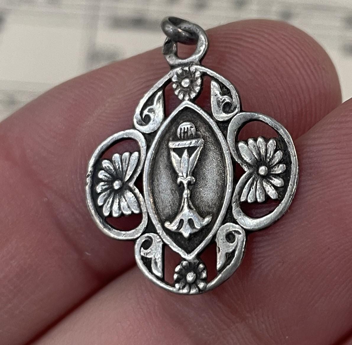 Antique French Art Nouveau Sterling Silver First Communion Medal Chalice c1900