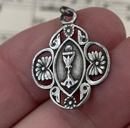 Antique French Art Nouveau Sterling Silver First Communion Medal Chalice c1900