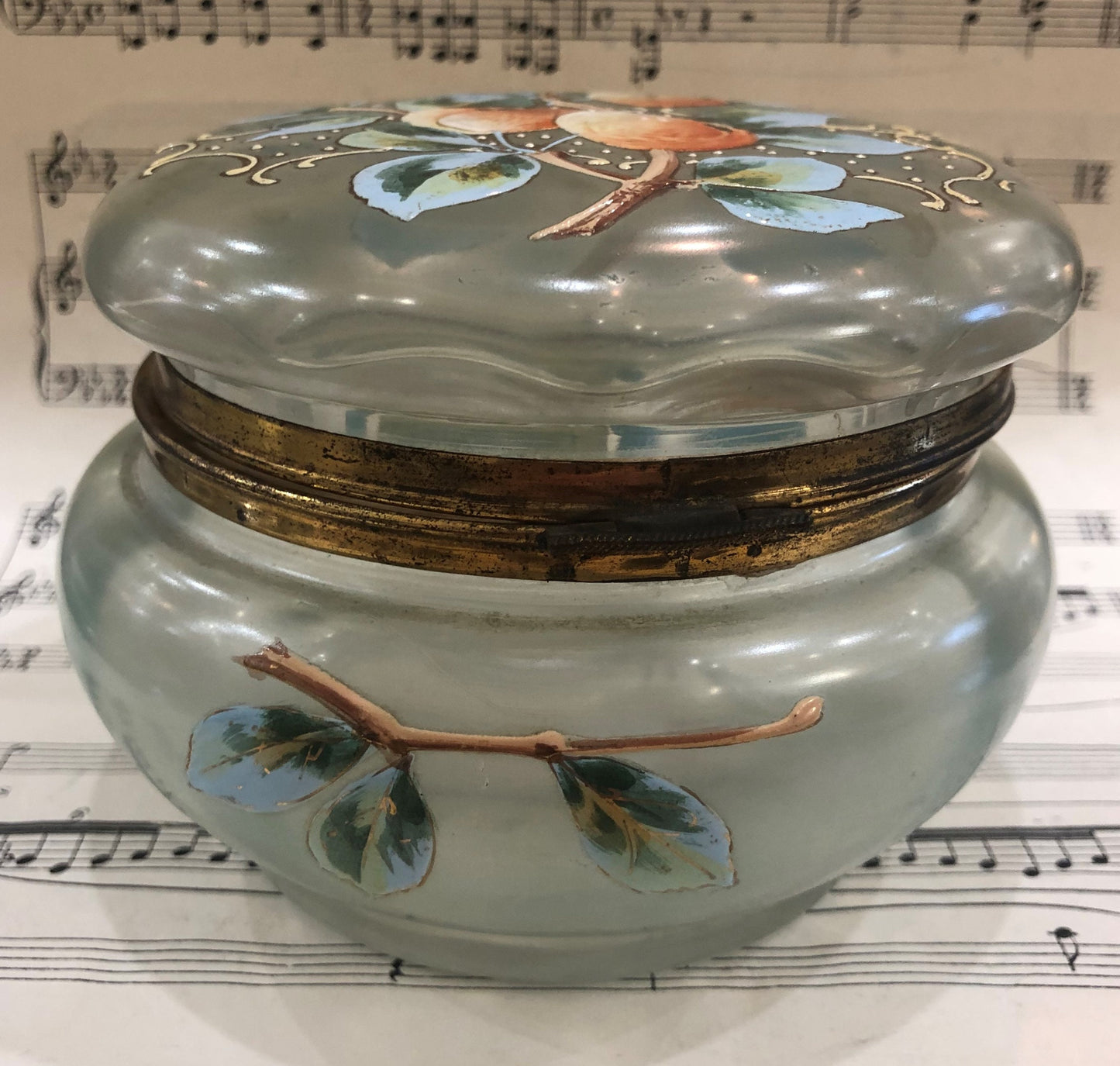 Rare Large Antique French Gilt Brass Glass Hand Painted Enameled Box Fruits Peach c1900