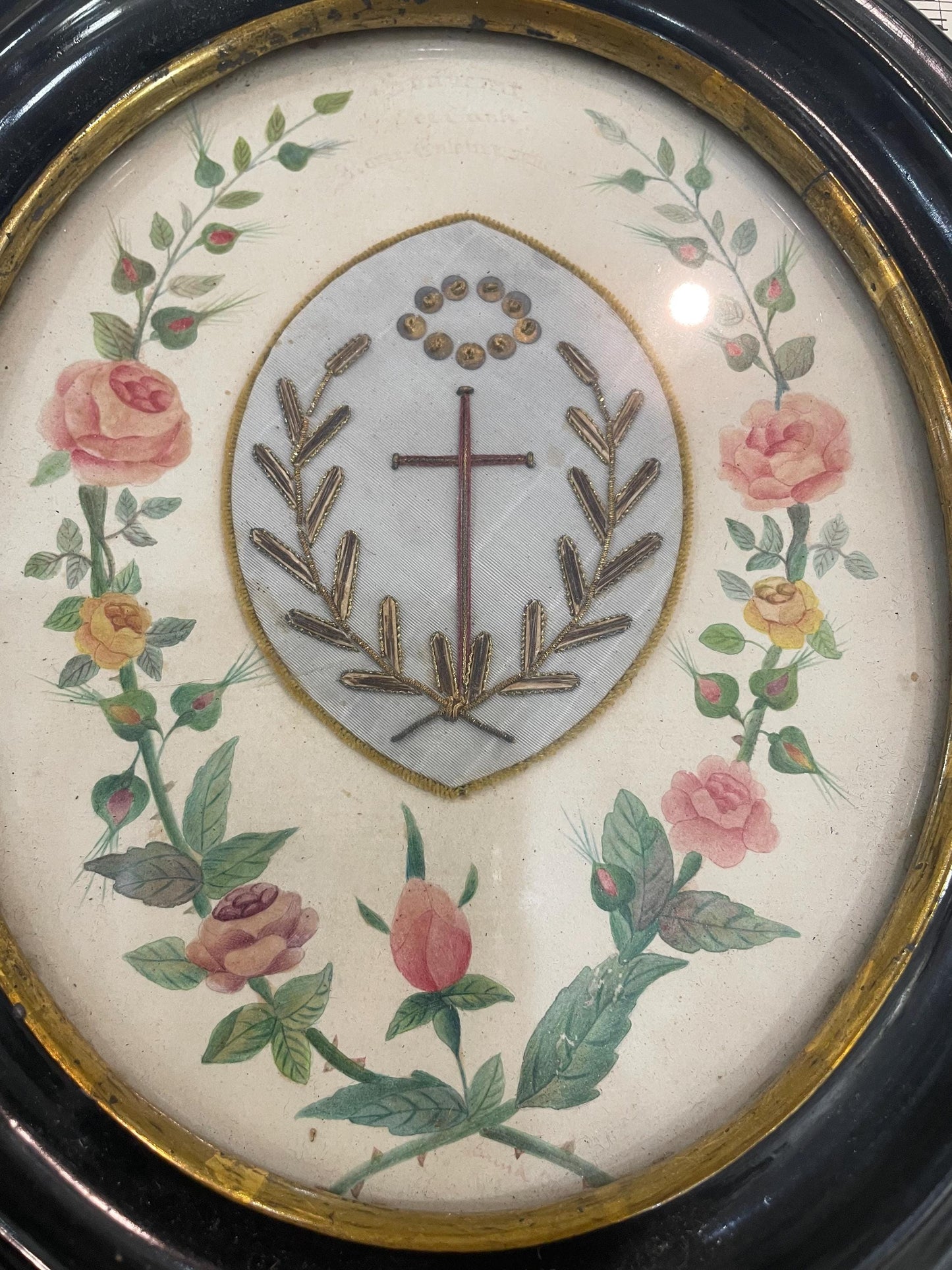 Rare Large Antique French Mourning Hair Art Hand Painted Roses under Glass c1913