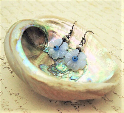 Dangle Blue Chalcedony Periwinkle earrings with blue apatite, freshwater pearls and sterling