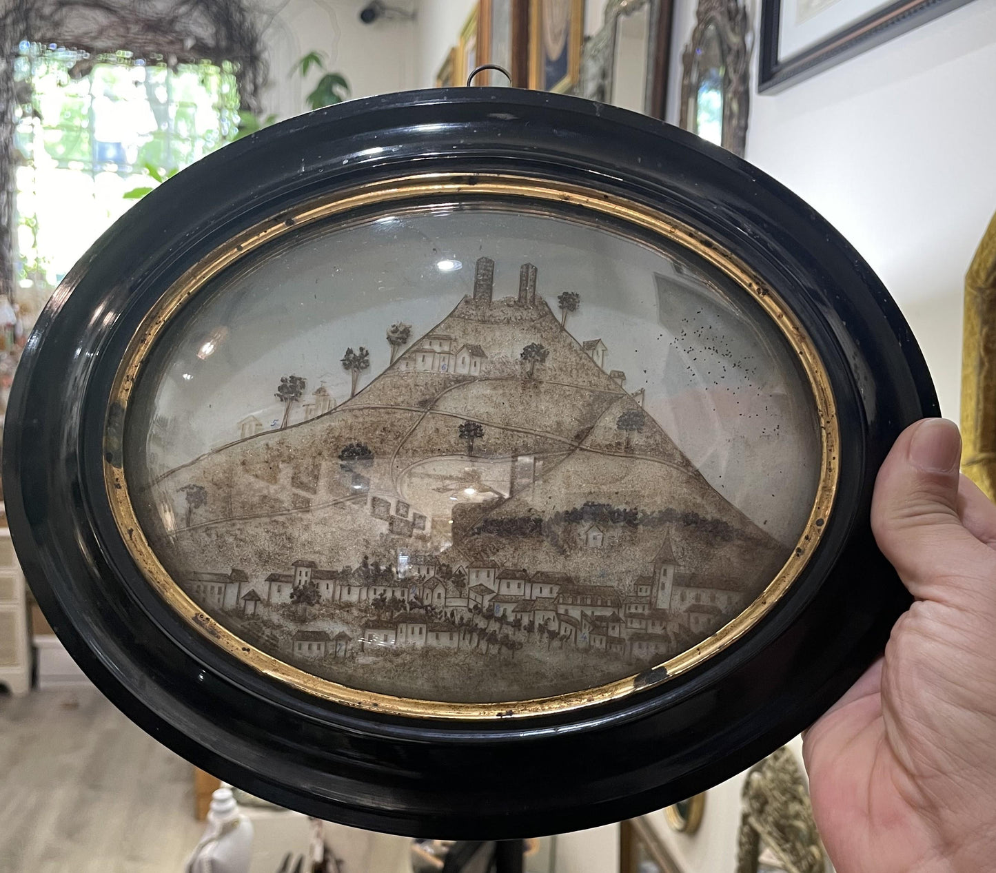 RARE Large Antique French Mourning Hair Art Domed Glass Wooden Frame Village Saint Cere c1860