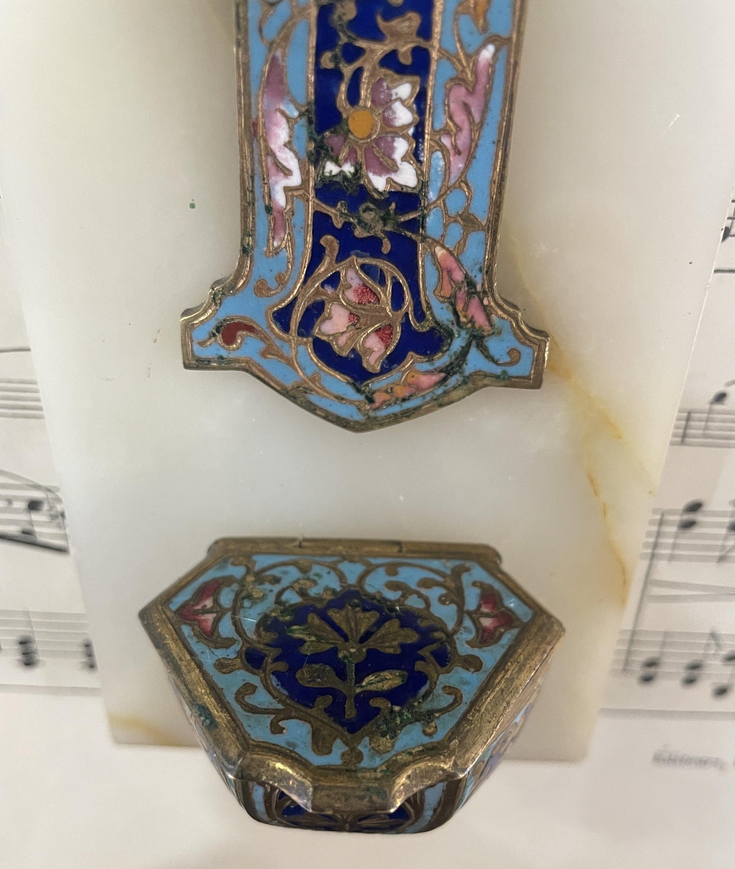 Antique French Champleve Enamel Onyx Holy Water Font Cross Crucifix c1880