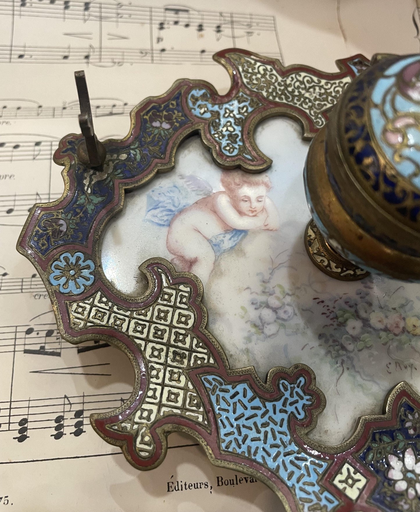 Rare Antique French Champleve Enamel Bronze Hand Painted Angels Ink Well Inkwell c1880