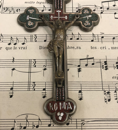 Large Antique Italian Micro Mosaic Micromosaic Cross Crucifix Roma Flowers c1900