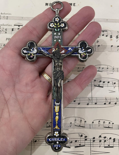 Antique Italian Micro Mosaic Micromosaic Cross Crucifix Bird Chalice Jubilee c1887