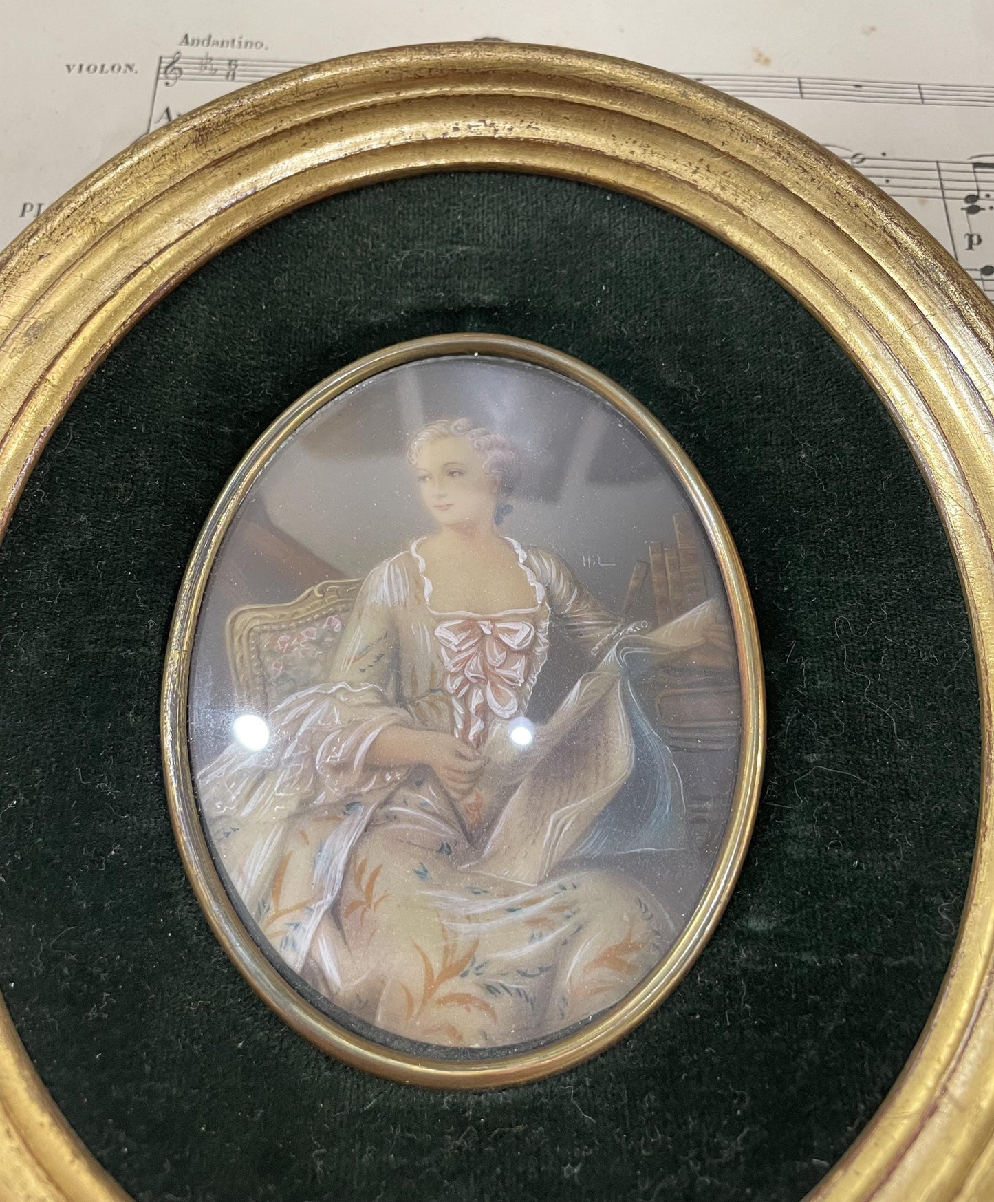 Antique French Miniature Woman Portrait Velvet Glass Signed Hil c1920