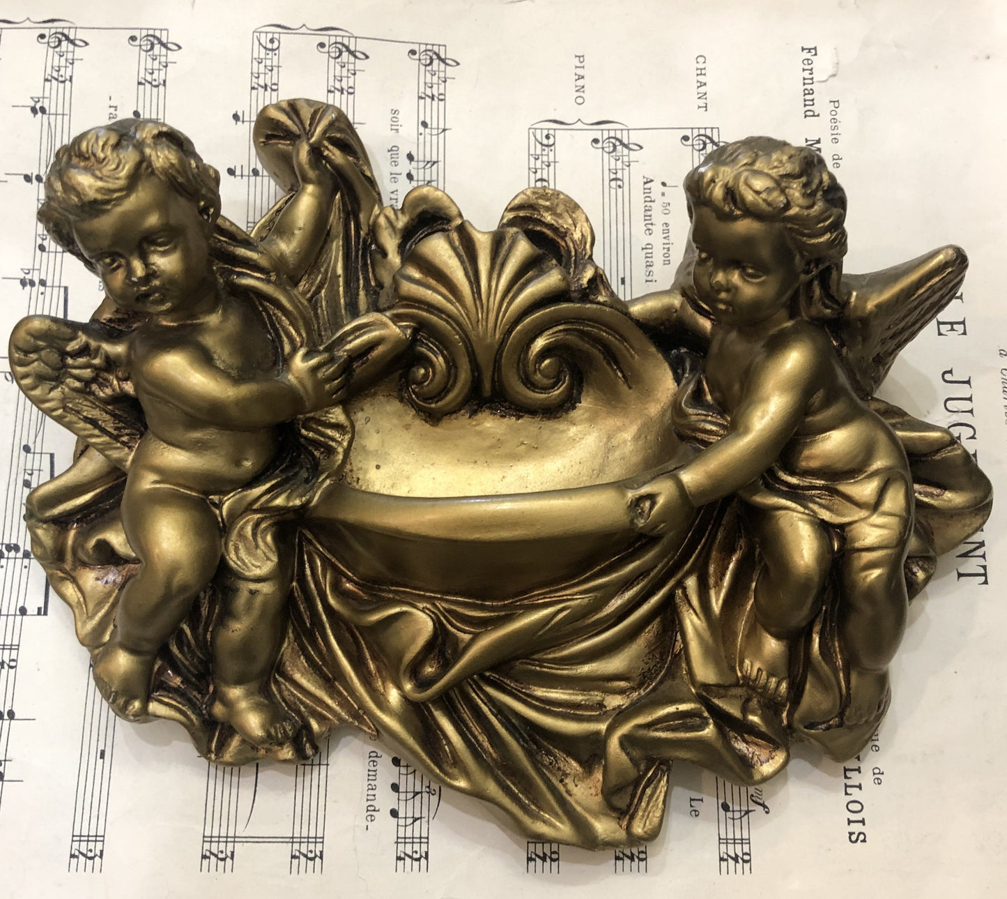 Rare Antique Italian Carved Plaster Gold Paint Angel Holy Water Font c1920