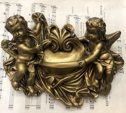 Rare Antique Italian Carved Plaster Gold Paint Angel Holy Water Font c1920