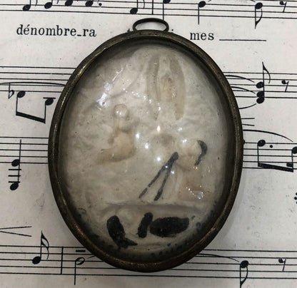 Rare Antique French Carved Plaster Lourdes Miracles St Bernadette Domed Glass Icon c1900