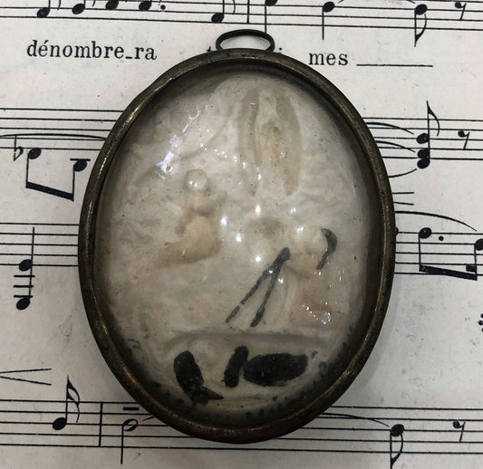 Rare Antique French Carved Plaster Lourdes Miracles St Bernadette Domed Glass Icon c1900
