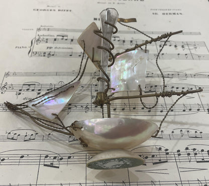Rare Antique French Mother of Pearl Boat Souvenir of Cherbourg c1880