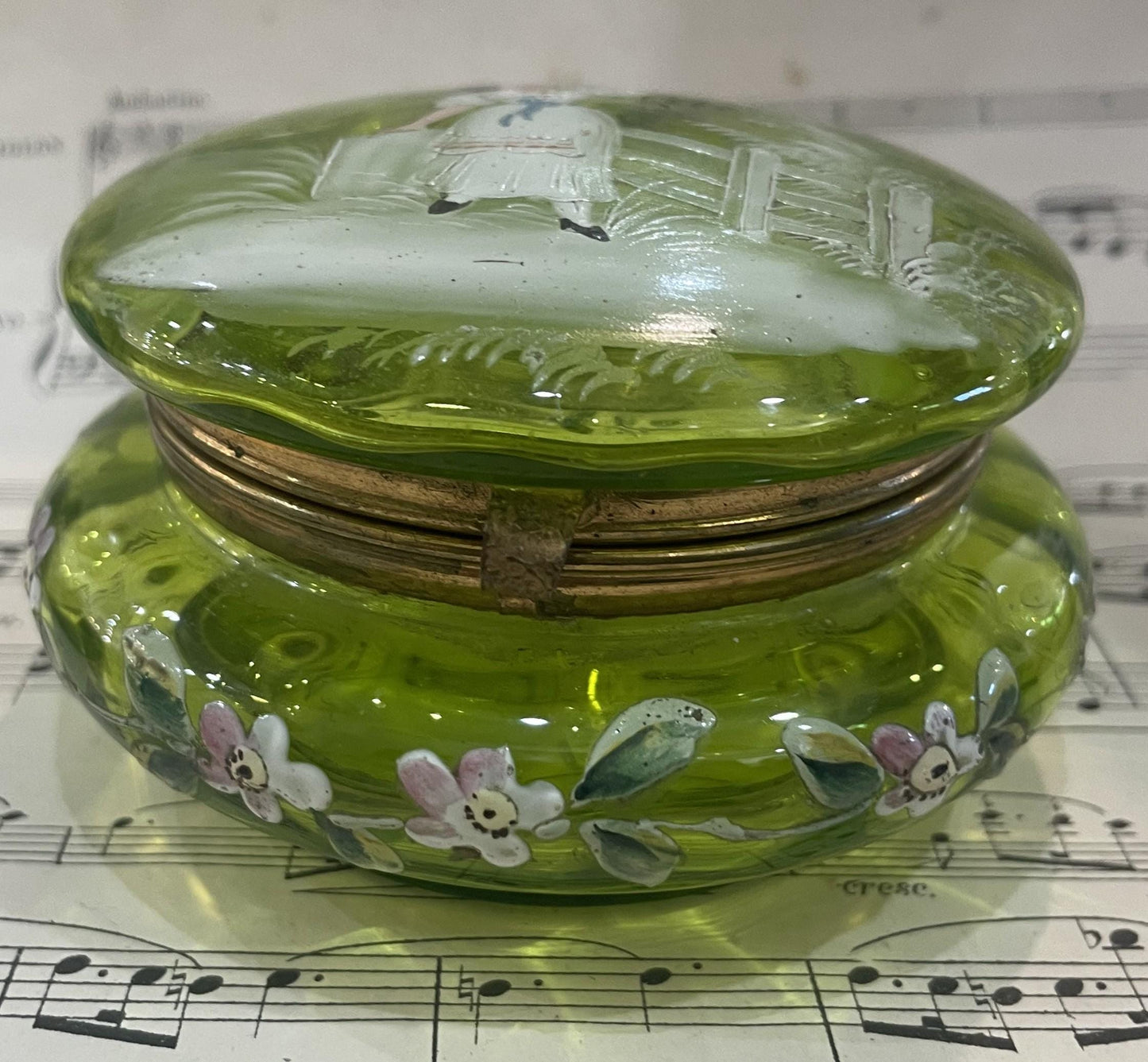 Rare Antique French Gilt Brass Green Glass Hand Painted Enameled Box Mary Gregory c1900