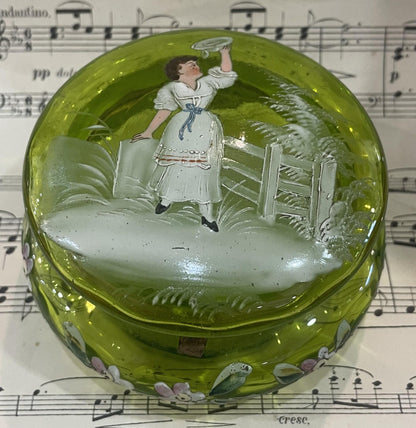 Rare Antique French Gilt Brass Green Glass Hand Painted Enameled Box Mary Gregory c1900