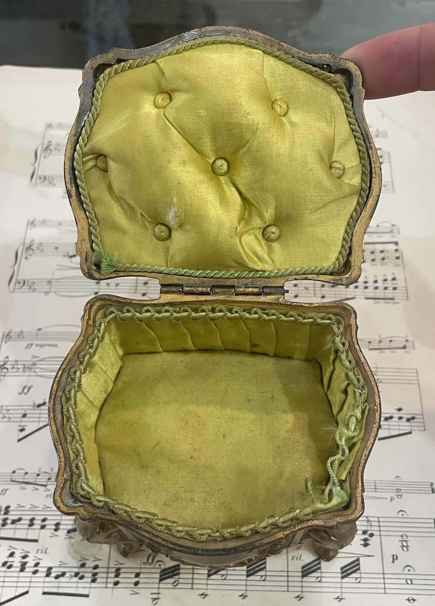 Antique French Furniture Jewelry Box with Green Cushion c1900