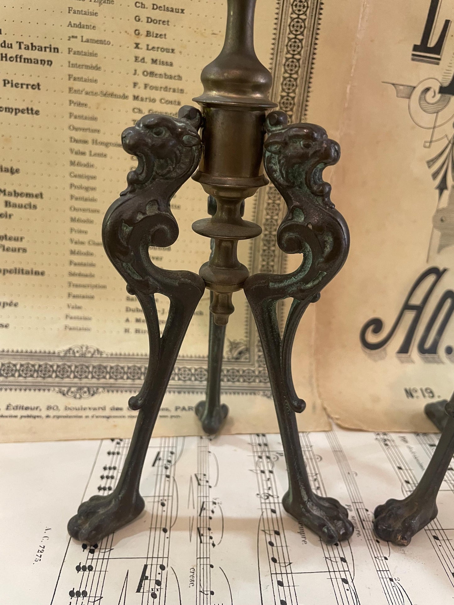 Antique French Art Nouveau Bronze Candlestick Holders Lions c1880